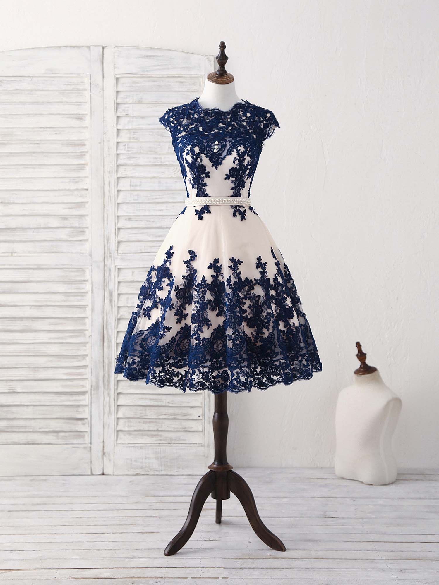 Dark Blue Lace Tulle Short Corset Prom Dress Blue Corset Bridesmaid Dress outfit, Wedding Inspo
