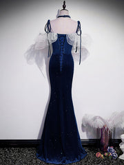 Dark Blue Mermaid Velvet Long Corset Prom Dresses, Blue Corset Formal Evening Dress outfit, Prom Dress Websites