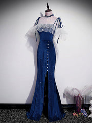 Dark Blue Mermaid Velvet Long Corset Prom Dresses, Blue Corset Formal Evening Dress outfit, Prom Dress Sites