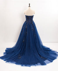 Dark Blue Sweetheart Tulle Lace Long Corset Prom Dress Blue Tulle Evening Dress outfit, Prom Dress Idea