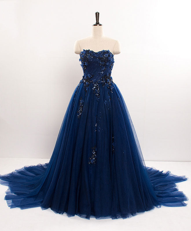 Dark Blue Sweetheart Tulle Lace Long Corset Prom Dress Blue Tulle Evening Dress outfit, Prom Dress 2032