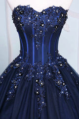 Dark Blue Tulle Lace Princess Dress, A-Line Strapless Long Corset Prom Dress outfits, Bridesmaids Dresses Summer