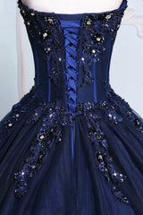 Dark Blue Tulle Lace Princess Dress, A-Line Strapless Long Corset Prom Dress outfits, Bridesmaid Dress Summer