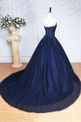 Dark Blue Tulle Lace Princess Dress, A-Line Strapless Long Corset Prom Dress outfits, Bridesmaides Dresses Summer