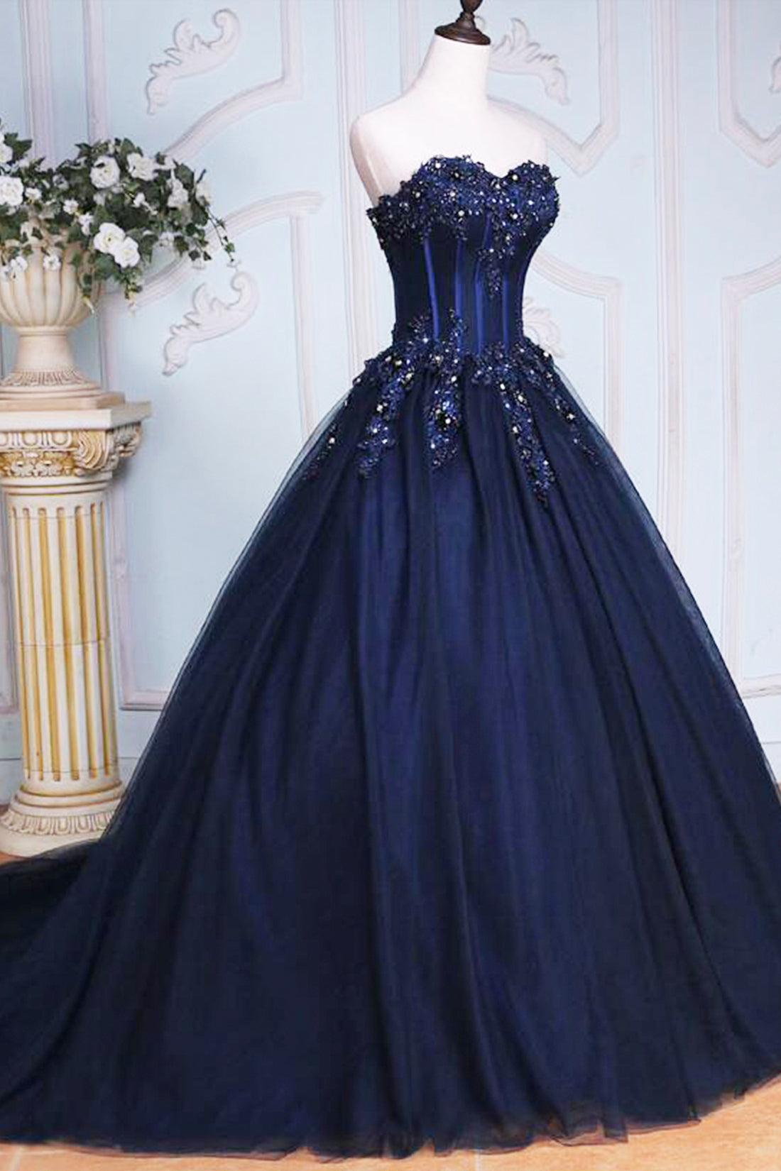 Dark Blue Tulle Lace Princess Dress, A-Line Strapless Long Corset Prom Dress outfits, Bridesmaid Dresses Chiffon