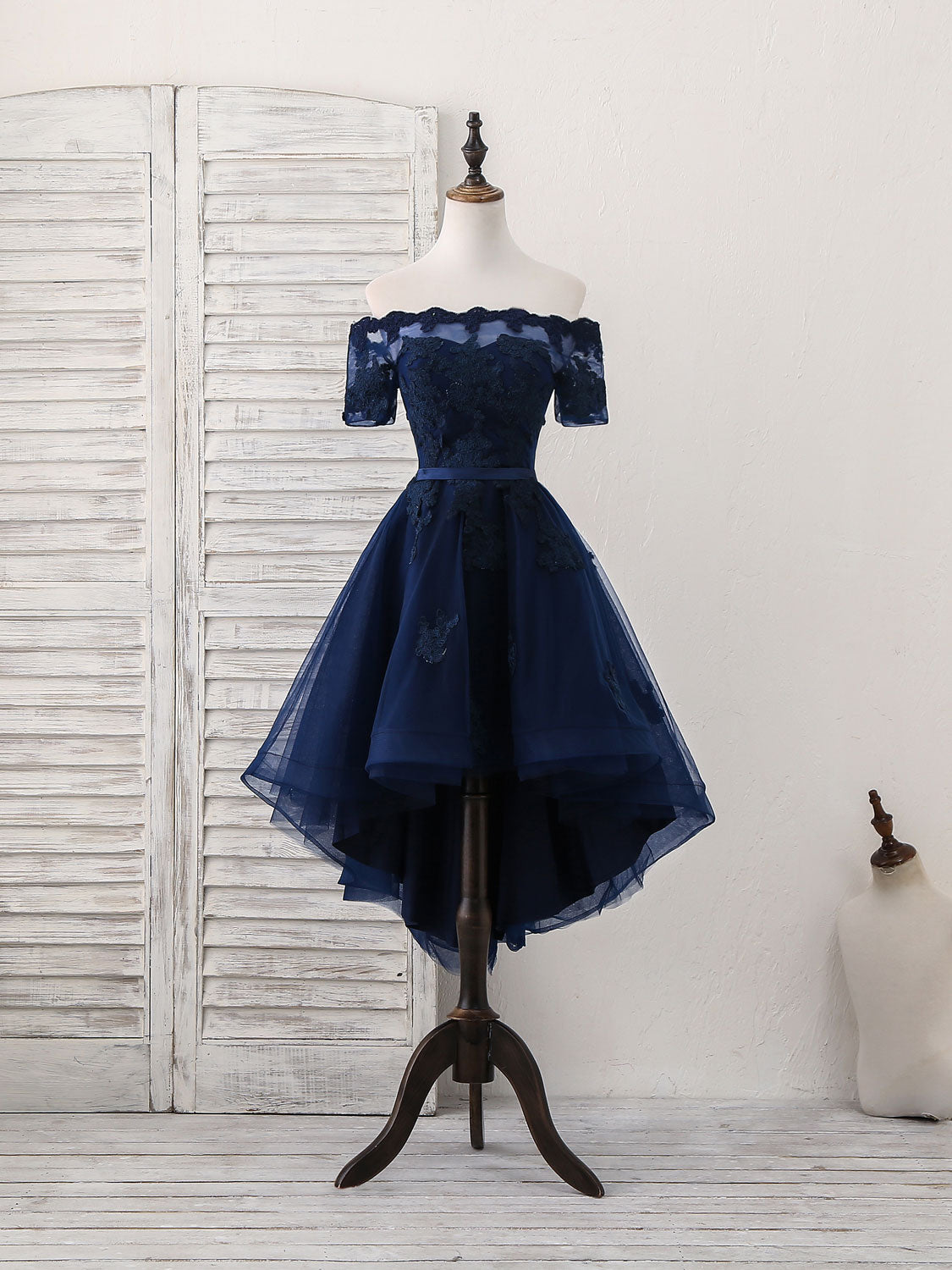 Dark Blue Tulle Lace Short Corset Prom Dress, Dark Blue Corset Homecoming Dress outfit, Prom Dress Gold