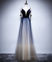 Dark blue tulle long Corset Prom dress, blue evening dress outfit, Evening Dress Yellow