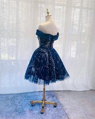 Dark Blue Tulle Off Shoulder Knee Length Party Dress, Blue Corset Homecoming Dresses outfit, Evening Dress Princess