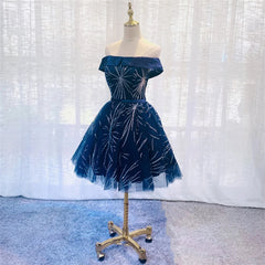 Dark Blue Tulle Off Shoulder Knee Length Party Dress, Blue Corset Homecoming Dresses outfit, Evening Dress Long Elegant