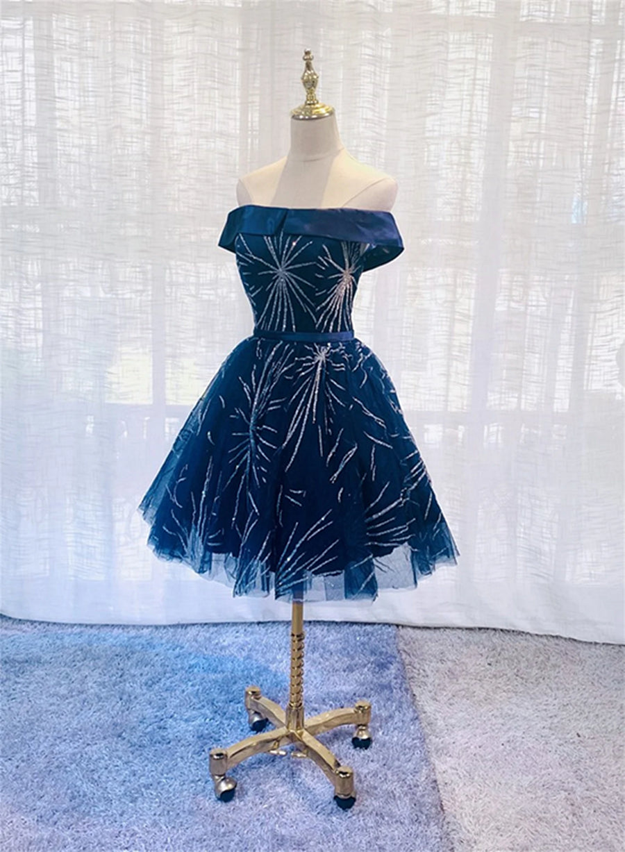 Dark Blue Tulle Off Shoulder Knee Length Party Dress, Blue Corset Homecoming Dresses outfit, Evening Dress Designer