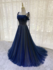 Dark Blue Tulle Sequin Long Corset Prom Dress, Blue Tulle Corset Formal Dress outfit, Formal Dresses Ballgown