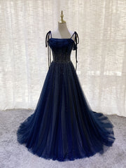 Dark Blue Tulle Sequin Long Corset Prom Dress, Blue Tulle Corset Formal Dress outfit, Formal Dress Party Wear