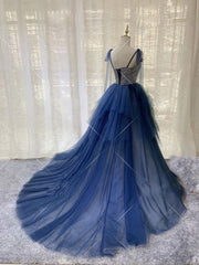 Dark blue Tulle Tiered Long Corset Prom Dress,Elegant Corset Formal Dress outfit, Prom Dresses Long Navy
