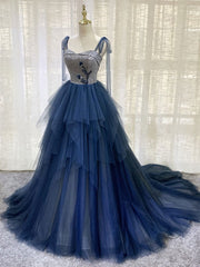 Dark blue Tulle Tiered Long Corset Prom Dress,Elegant Corset Formal Dress outfit, Bridesmaid Dress