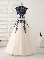 Dark Blue Two Pieces Lace Tulle Long Corset Prom Dress Blue Evening Dress outfit, Formal Dress Gowns
