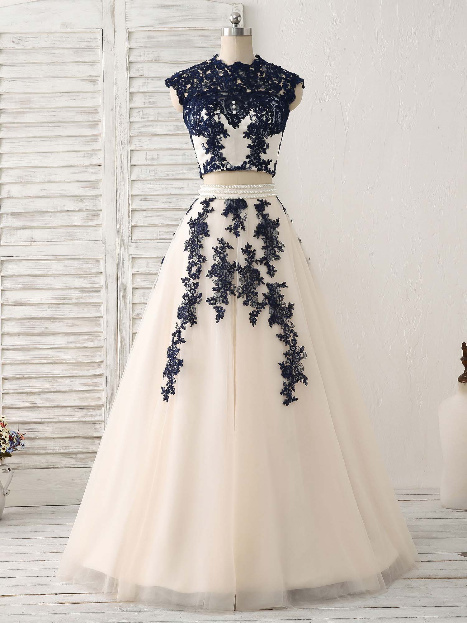 Dark Blue Two Pieces Lace Tulle Long Corset Prom Dress Blue Evening Dress outfit, Formal Dress For Sale
