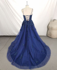 Dark Blue V Neck Tulle Lace Long Corset Prom Dress Blue Lace Corset Bridesmaid Dress outfit, Evening Dress Stunning