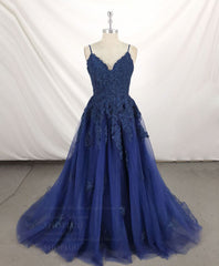 Dark Blue V Neck Tulle Lace Long Corset Prom Dress Blue Lace Corset Bridesmaid Dress outfit, Evening Dresses With Sleeves