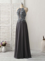 Dark Gray Sequin Beads Long Corset Prom Dress Backless Evening Dress outfit, Formal Dress With Sleeve