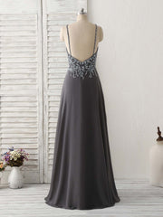 Dark Gray Sequin Beads Long Corset Prom Dress Backless Evening Dress outfit, Formal Dresses With Sleeve