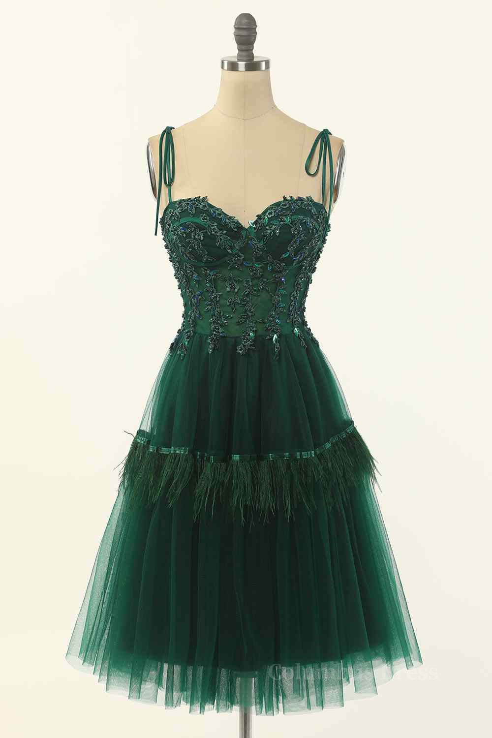 Dark Green A-line Bow Tie Straps Lace-Up Applique Mini Corset Homecoming Dress outfit, Long Black Dress