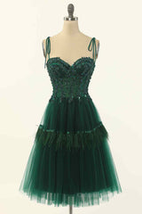 Dark Green A-line Bow Tie Straps Lace-Up Applique Mini Corset Homecoming Dress outfit, Long Black Dress