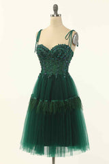 Dark Green A-line Bow Tie Straps Lace-Up Applique Mini Corset Homecoming Dress outfit, Party Fitness
