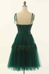 Dark Green A-line Bow Tie Straps Lace-Up Applique Mini Corset Homecoming Dress outfit, Cute Dress Outfit