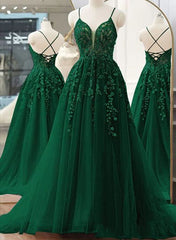 Dark Green A-line V-neckline Tulle and Lace Party Dress, Green Long Corset Prom Dress outfits, Bridesmaid Dresses Sleeveless