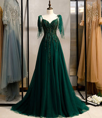Dark Green Beaded Tulle Straps A-line Corset Formal Dresses, Green Evening Dress Corset Prom Dresses outfit, Prom Dresses Designer