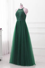 Dark Green Cross Back Tulle Halter Long Party Dress, A-line Junior Corset Prom Dress outfits, Party Dress Couple