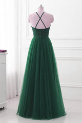 Dark Green Cross Back Tulle Halter Long Party Dress, A-line Junior Corset Prom Dress outfits, Winter Dress