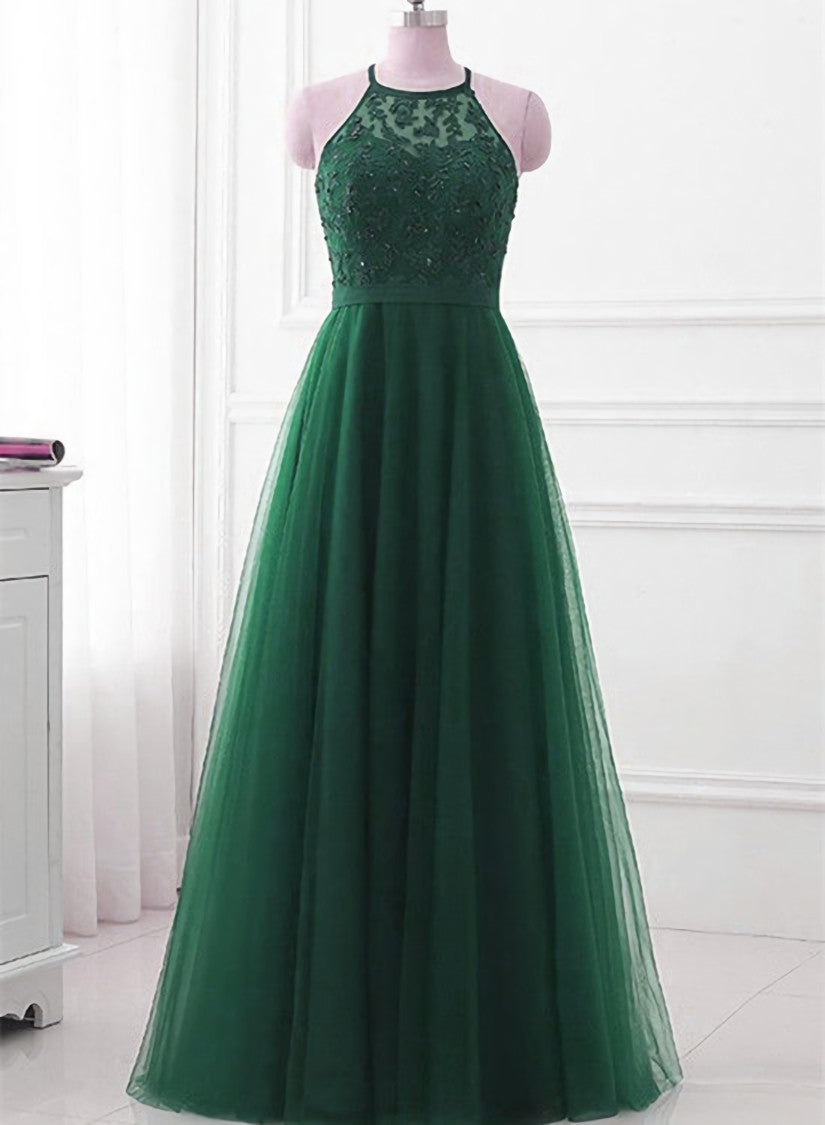 Dark Green Cross Back Tulle Halter Long Party Dress, A-line Junior Corset Prom Dress outfits, Party Dress Modest