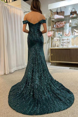 Dark Green Off Shoulder Mermaid Corset Prom Dress with Slit Gowns, Dark Green Off Shoulder Mermaid Prom Dress with Slit