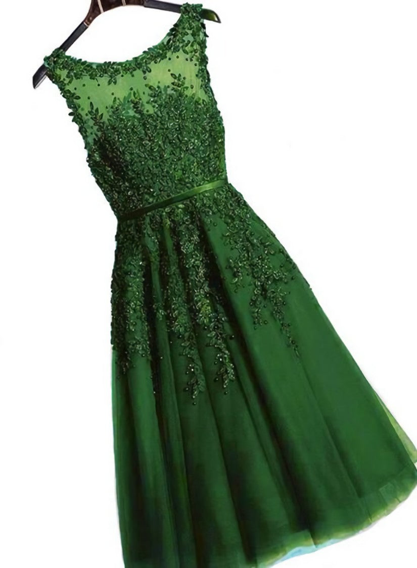 Dark Green Round Neckline Tea Length Lace Party Dress, Corset Wedding Party Dress Outfits, Wedding Dress Bridesmaid