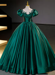 Dark Green Satin Corset Ball Gown Sweet 16 Dress, Green Long Corset Formal Dress Party Dress Outfits, Fall Wedding Color