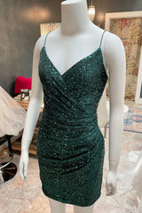 Dark Green Sequin Spaghetti Straps Ruched Cocktail Dress,Mini Corset Prom Dresses outfit, Homecoming Dresses Blue