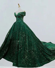 Dark Green Sequins Off Shoulder Corset Ball Gown Sweet 16 Dress, Dark Green Corset Prom Dress outfits, Bridesmaid Dresses Vintage