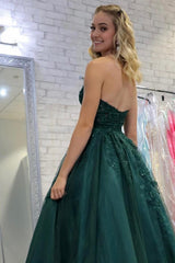Dark Green Tulle A Line Corset Prom Dress with Appliques Gowns, Dark Green Tulle A Line Prom Dress with Appliques