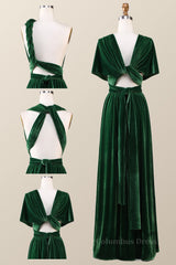 Dark Green Velvet Convertible Corset Bridesmaid Dress outfit, Prom Ideas