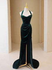 Dark Green Velvet Long Evening Dress Party Dress, A-line Green Corset Bridesmaid Dress outfit, Bridesmaid Dresses Peach