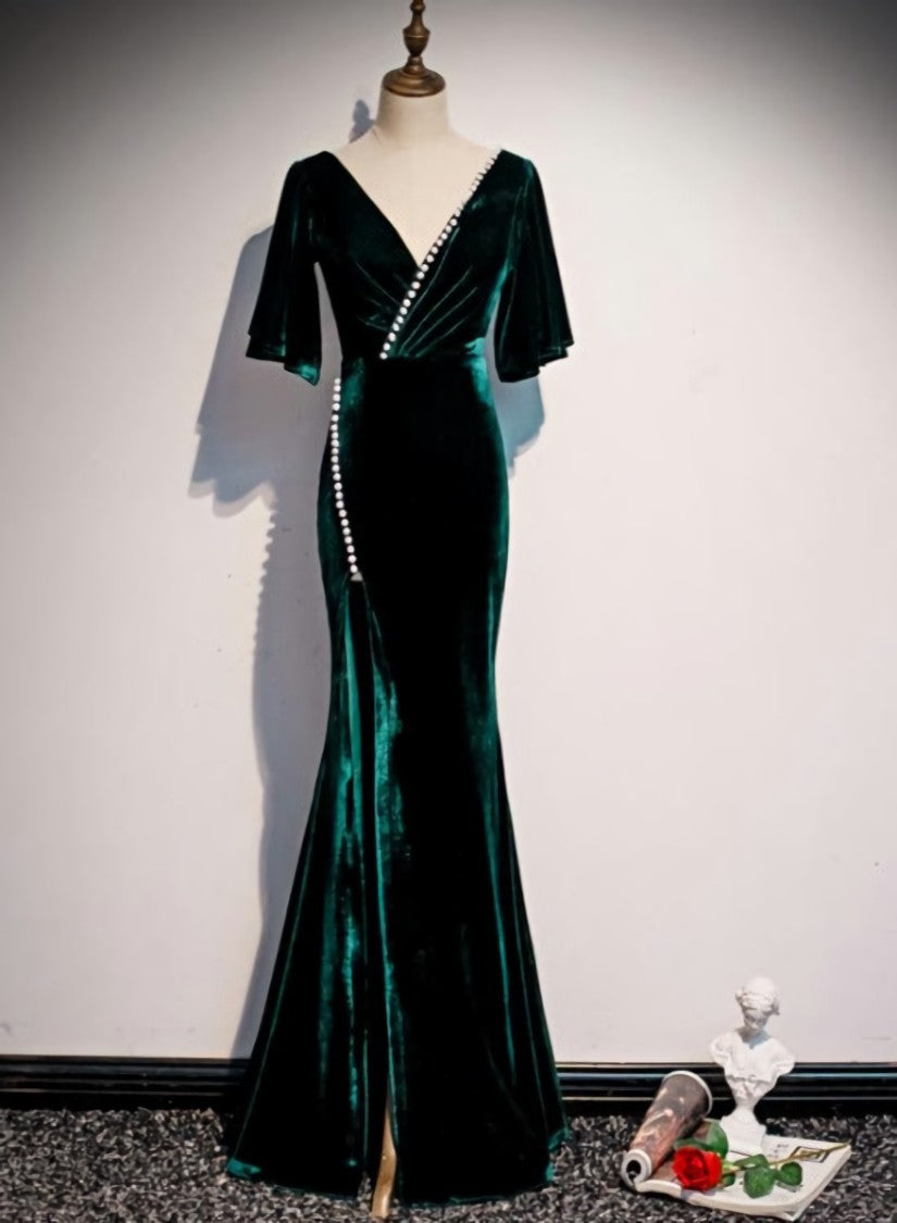 Dark Green Velvet Mermaid Slit V-neckline Corset Formal Dress Party Dress, Long Evening Dresses outfit, Prom Dresses Long With Slit