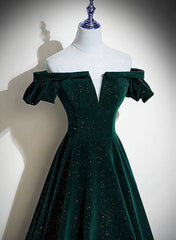 Dark Green Velvet Off Shoulder Long Party Dress, Green A-line Corset Prom Dress outfits, Party Dress Online