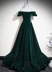 Dark Green Velvet Off Shoulder Long Party Dress, Green A-line Corset Prom Dress outfits, Party Dresses 2030