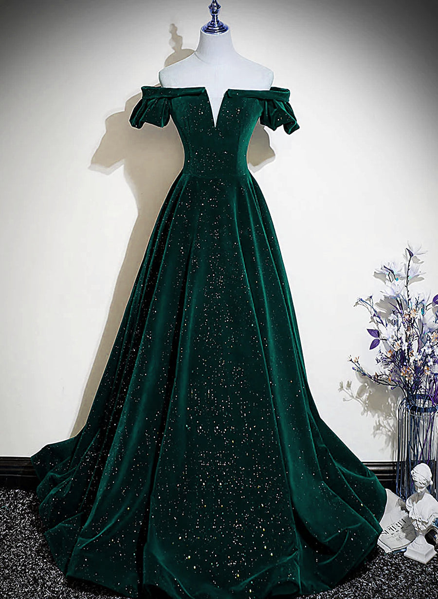 Dark Green Velvet Off Shoulder Long Party Dress, Green A-line Corset Prom Dress outfits, Party Dress Cheap