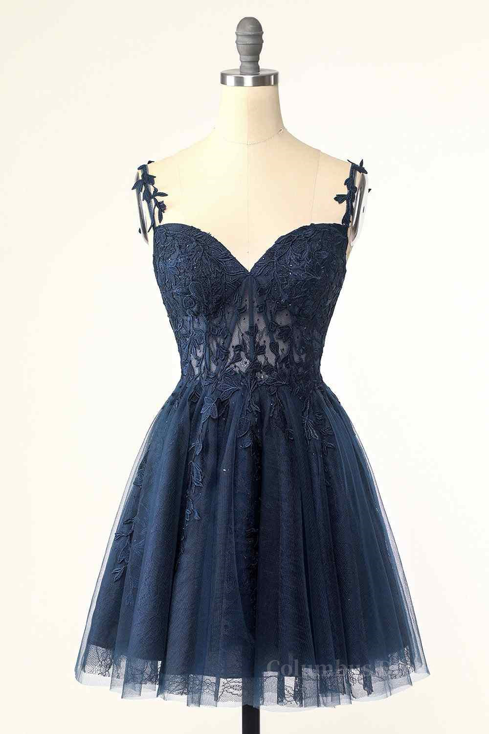 Dark Navy A-line Flower Straps Appliques Tulle Corset Homecoming Dress outfit, Formal Dresses Simple