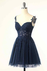 Dark Navy A-line Flower Straps Appliques Tulle Corset Homecoming Dress outfit, Formal Dress Simple