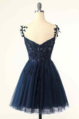 Dark Navy A-line Flower Straps Appliques Tulle Corset Homecoming Dress outfit, Formal Dresses Ball Gown