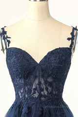 Dark Navy A-line Flower Straps Appliques Tulle Corset Homecoming Dress outfit, Formal Dresses Outfit