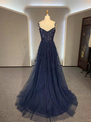 Dark Navy Blue Long Lace Corset Prom Dresses, Dark Navy Blue Long Lace Corset Formal Evening Dresses outfit, Party Dress Classy